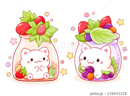 Cute tiny cat with berries in glass bottle. Setのイラスト素材