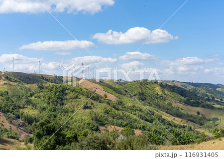 The wind turbines in the top of the grass hill underneath the group of white clouds and blue sky on a sunny day, produced electricity from pure energy. The wind turbines in the top of the grass hill underneath the group of white clouds and blue sky on a sunny day, produced electricity from pure energy. 116931405