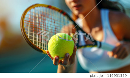 Woman Holding Tennis Ball on Court During Sunny Day. Generative AI 116931539