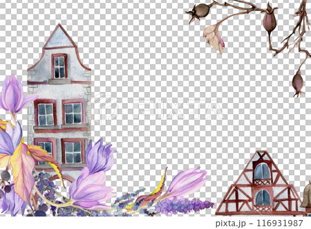 Old European city town street houses facades, lavender crocus flowers twigs. Historical cityscape building. Watercolor hand drawn border frame. Tourist shops, souvenirs, travel brochures, real estate Old European city town street houses facades, lavender crocus flowers twigs. Historical cityscape building. Watercolor hand drawn border frame. Tourist shops, souvenirs, travel brochures, real estate 116931987