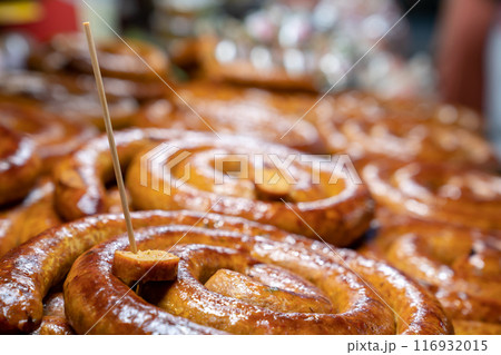 Sai Aua, Northern Thailand Spicy Sausage is a famous Traditional Local saurage cooked with curry and herb, lay on shop and ready for sales. Sai Aua, Northern Thailand Spicy Sausage is a famous Traditional Local saurage cooked with curry and herb, lay on shop and ready for sales. 116932015
