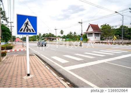 Zebra cross sign beside the road at Thailand. 116932064