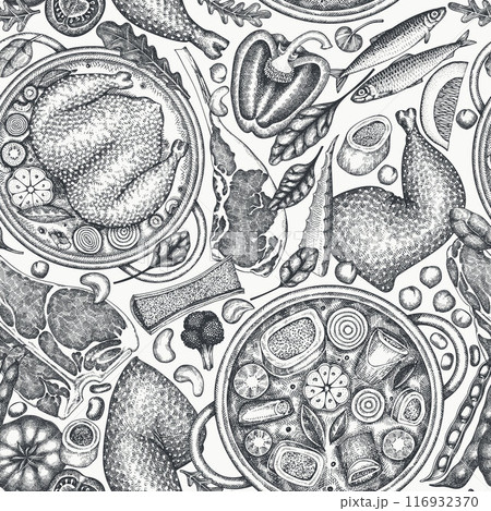 Collagen Diet Food Seamless Pattern. Vector Hand Drawn Healthy Food Background. Vintage Style Collagen Bust Menu Illustration. Collagen Diet Food Seamless Pattern. Vector Hand Drawn Healthy Food Background. Vintage Style Collagen Bust Menu Illustration. 116932370
