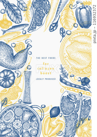 Collagen Diet Design Template. Vector Hand Drawn Healthy Food Banner. Vintage Style Collagen Bust  Menu Illustration. Collagen Diet Design Template. Vector Hand Drawn Healthy Food Banner. Vintage Style Collagen Bust  Menu Illustration. 116932372