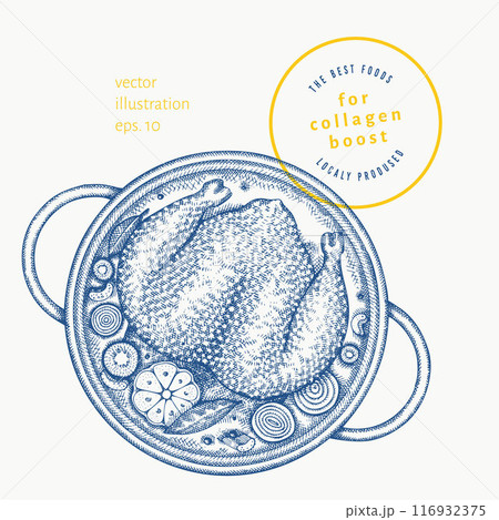 Vector Hand Drawn Chicken Broth Illustration. Collagen Diet Food Illustration. Vintage Style Soup Pot. 116932375