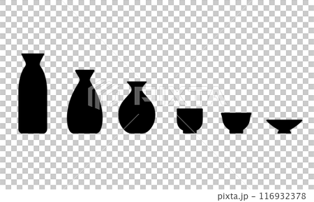 徳利やおちょこなどの日本酒の酒器のアイコンセット 116932378