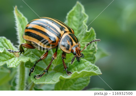 Close-up of a striped colorado potato beetle on a green leaf. Generative AI 116932500
