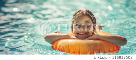 Joyful child swimming in pool with orange float at sunny summer day. Generative AI 116932508