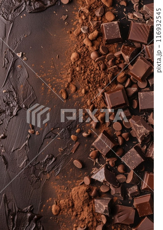 Decadent chocolate ingredients spread out on dark textured vertical surface. Generative AI Decadent chocolate ingredients spread out on dark textured vertical surface. Generative AI 116932545