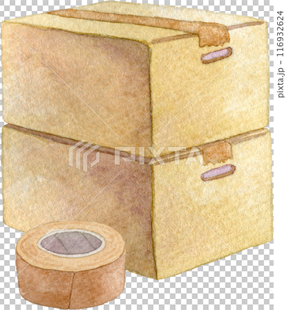 Watercolor illustration of stacked cardboard boxes and duct tape Watercolor illustration of stacked cardboard boxes and duct tape 116932624