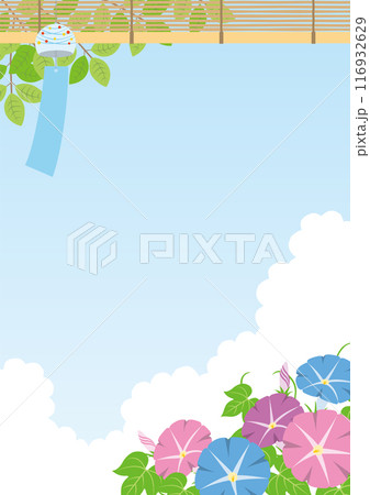 夏をイメージした朝顔と飛行機雲の背景_縦 夏をイメージした朝顔と飛行機雲の背景_縦 116932629