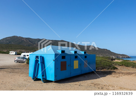 Blue Recycling Container at Campsite with Mountains Blue Recycling Container at Campsite with Mountains 116932639