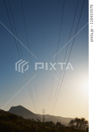 Sunset Panorama of Gran Sasso Mountains with Power Pole 116933076