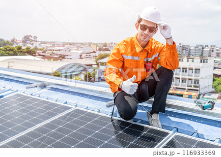 Professional Engineer Service Solar Panel. Worker Maintenance Cleaning Replacing Solar Panel. Solar photovoltaic panel system in Industry roof. Saving Energy with Clean Power. 116933369
