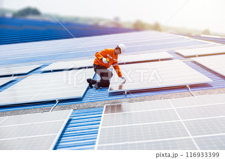 Professional Engineer Service Solar Panel. Worker Maintenance Cleaning Replacing Solar Panel. Solar photovoltaic panel system in Industry roof. Saving Energy with Clean Power. 116933399