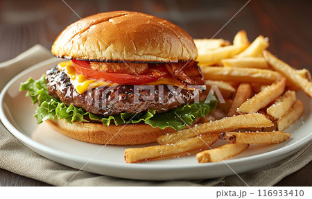 Close-up of a tempting cheeseburger with lettuce, tomato, cheese, and fries on the side. Generate AI 116933410