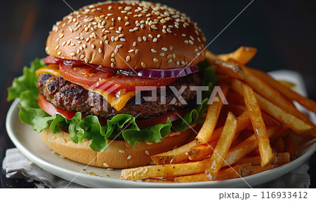 Close-up of a tempting cheeseburger with lettuce, tomato, cheese, and fries on the side. Generate AI 116933412
