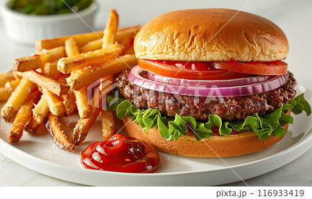 Close-up of a tempting cheeseburger with lettuce, tomato, cheese, and fries on the side. Generate AI 116933419