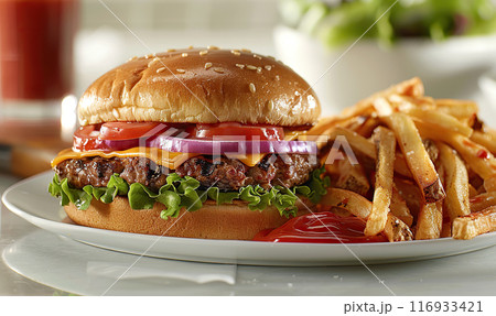 Close-up of a tempting cheeseburger with lettuce, tomato, cheese, and fries on the side. Generate AI 116933421