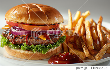 Close-up of a tempting cheeseburger with lettuce, tomato, cheese, and fries on the side. Generate AI 116933422