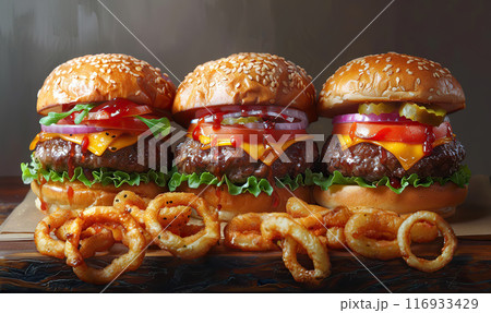 Close-up of a tempting cheeseburger with lettuce, tomato, cheese, and fries on the side. Generate AI 116933429