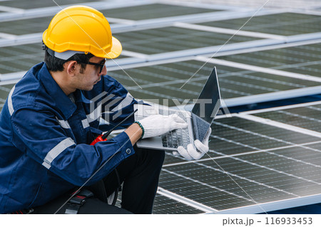Professional Engineer Service Solar Panel. Worker Maintenance Cleaning Replacing Solar Panel. Solar photovoltaic panel system in Industry roof. Saving Energy with Clean Power. 116933453