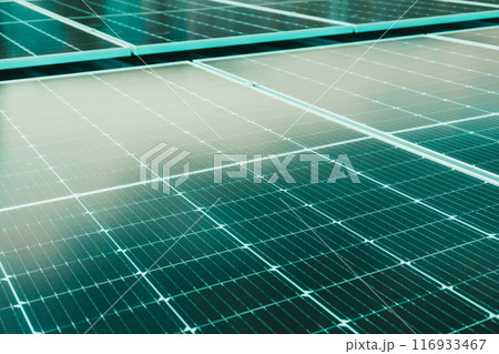 Green Energy, Green tint power grid Solar panels or Solar cell in the factory roof house for saving energy background. PV panels on industry roof. Green Energy, Green tint power grid Solar panels or Solar cell in the factory roof house for saving energy background. PV panels on industry roof. 116933467