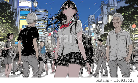 夜の繁華街をぶらついている女子高生