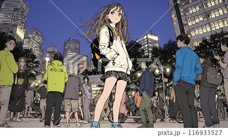 夜の繁華街をぶらついている女子高生