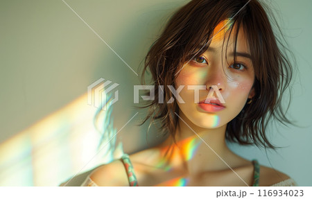 鮮やかな光を浴びる女性 116934023