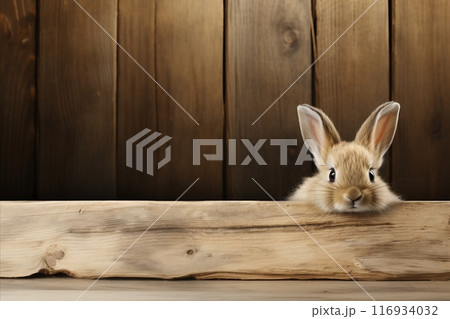 Adorable fluffy rabbit sitting and looking at the camera with copy space. Easter 116934032