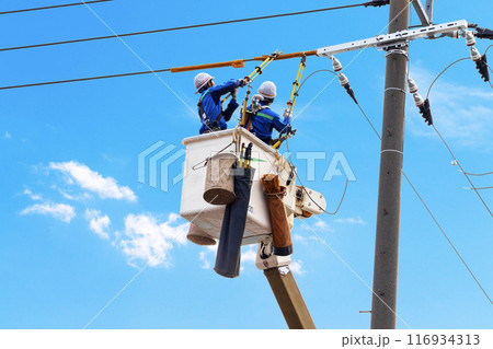 空を背景に高所作業をする人　送電設備のメンテナンス 116934313