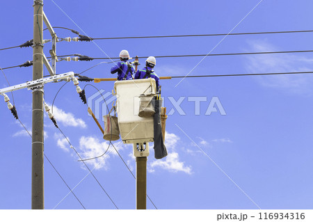 空を背景に高所作業をする人 送電設備のメンテナンス 空を背景に高所作業をする人 送電設備のメンテナンス 116934316
