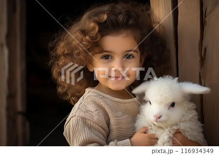 Cute girl cuddling little sheep, blank space for text, heartwarming image for sale Cute girl cuddling little sheep, blank space for text, heartwarming image for sale 116934349