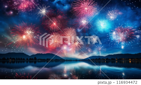 Spectacular wide shot capturing colorful fireworks lighting up the sky in vivid display 116934472