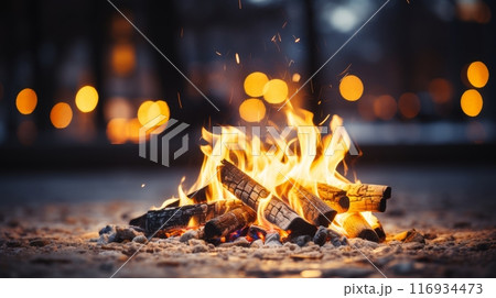 Group of friends and family gathered around roaring bonfire or barbecue pit with flames 116934473