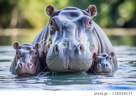 Family of hippos enjoying in the river in beautiful african safari landscape in national park 116934573