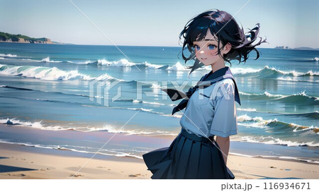 海岸を歩く女子高生 116934671