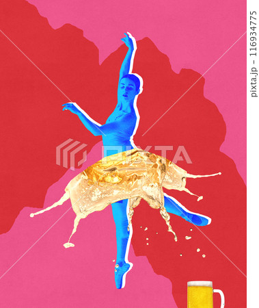 Poster. Contemporary art collage. Blue-toned ballerina dancer wearing skirt made from beer moves elegantly against magenta background. Poster. Contemporary art collage. Blue-toned ballerina dancer wearing skirt made from beer moves elegantly against magenta background. 116934775