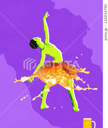 Poster. Contemporary art collage. Green-toned ballerina dancing in beer-made tutu against violet background. Vibrant design. 116934790