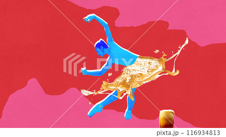Poster. Contemporary art collage. Blue ballerina leaps with elegance, wearing foamy beer skirt against vivid pink backdrop. Poster. Contemporary art collage. Blue ballerina leaps with elegance, wearing foamy beer skirt against vivid pink backdrop. 116934813