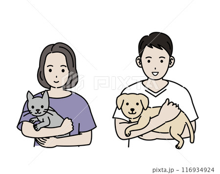 犬や猫を抱っこする男女のイラスト 犬や猫を抱っこする男女のイラスト 116934924