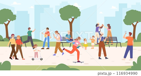 Walking in city park. Happy children adults walk in garden with trees and benches. Rest on nature, recreation and outdoor activities vector scene 116934990