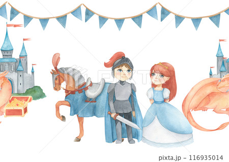 Seamless banner with watercolor illustration of a garland of flags in blue and castle, horse, princess,dragon, treasure, knight or prince in gray. Hand drawn. For decorating children's room wallpaper Seamless banner with watercolor illustration of a garland of flags in blue and castle, horse, princess,dragon, treasure, knight or prince in gray. Hand drawn. For decorating children's room wallpaper 116935014