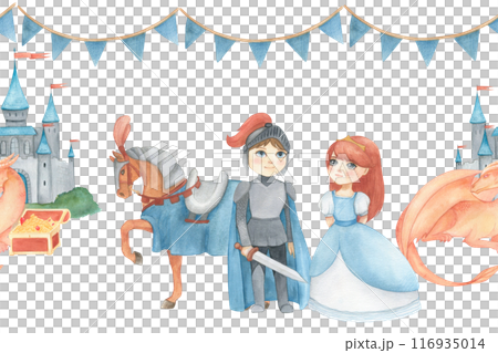 Seamless banner with watercolor illustration of a garland of flags in blue and castle, horse, princess,dragon, treasure, knight or prince in gray. Hand drawn. For decorating children's room wallpaper Seamless banner with watercolor illustration of a garland of flags in blue and castle, horse, princess,dragon, treasure, knight or prince in gray. Hand drawn. For decorating children's room wallpaper 116935014