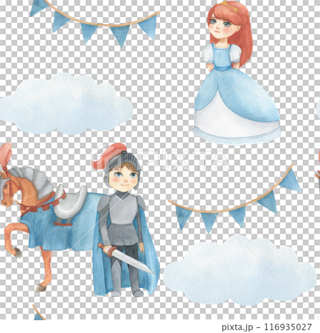 Seamless pattern with watercolor illustration of a garland of flags in blue and princess, horse, knight or prince in gray. Hand drawn. For decorating children's room wallpaper 116935027
