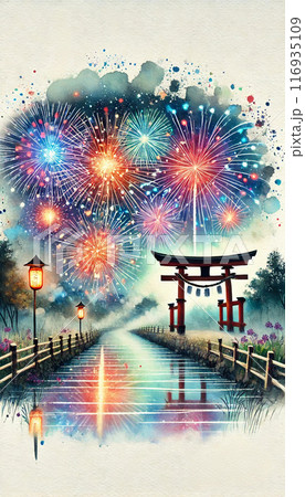 和を感じる日本の花火風景　壁紙 116935109