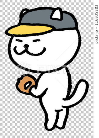 A cute white cat character with narrow eyes playing various sports 116935283
