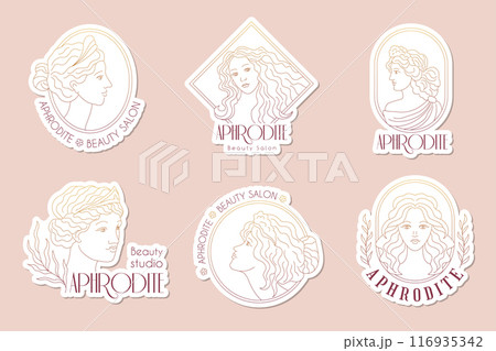 Aphrodite logo. Beauty salon badges with stylized illustrations of fashioned woman aphrodite portraits recent vector templates set 116935342