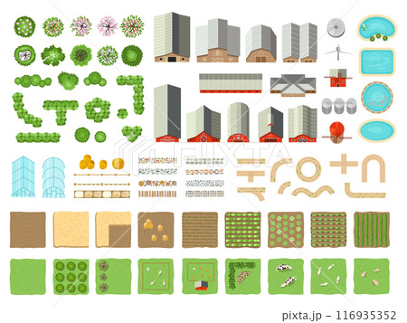 Farm top view. Landscape elements of farm village buildings roads barns and green gardens recent vector constructor 116935352
